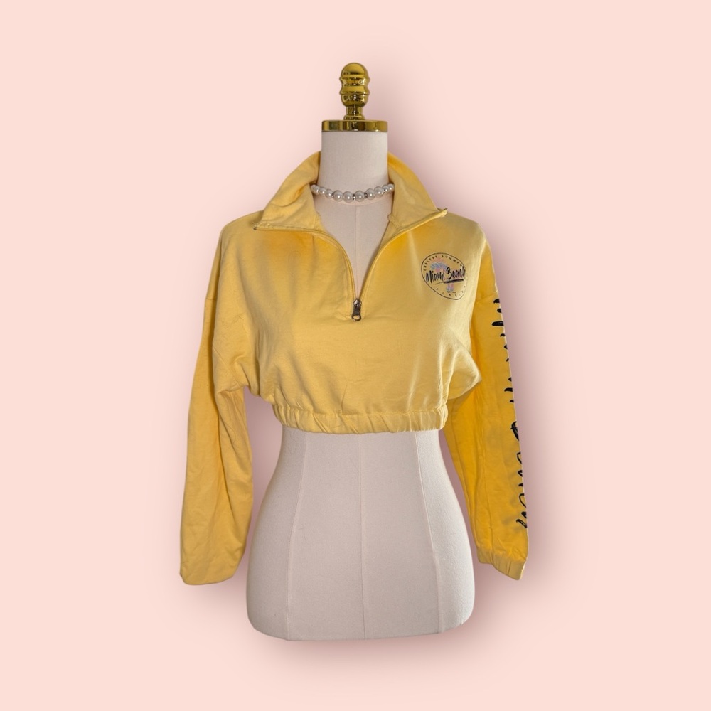 Yellow MIAMI BEACH Half-Zip Cropped Sweatshirt & Shorts